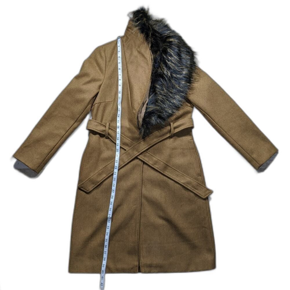 Wool Blend Penny lane Faux Fur Collar Belted Wrap Coat W/ S Brown LN/NWOT - Picture 3 of 13